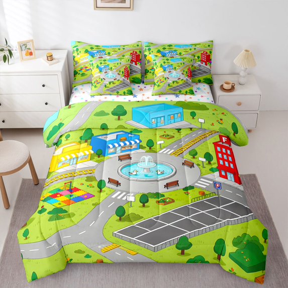Homewish Cartoon Cute 7 Pieces Bedding Comforter Set For Preppy Children Kids,Construction Vehicles Full Bedding Set Lightweight,Car Theme Fitted Sheet Flat Sheet,Breathable Home Decor,Reversible