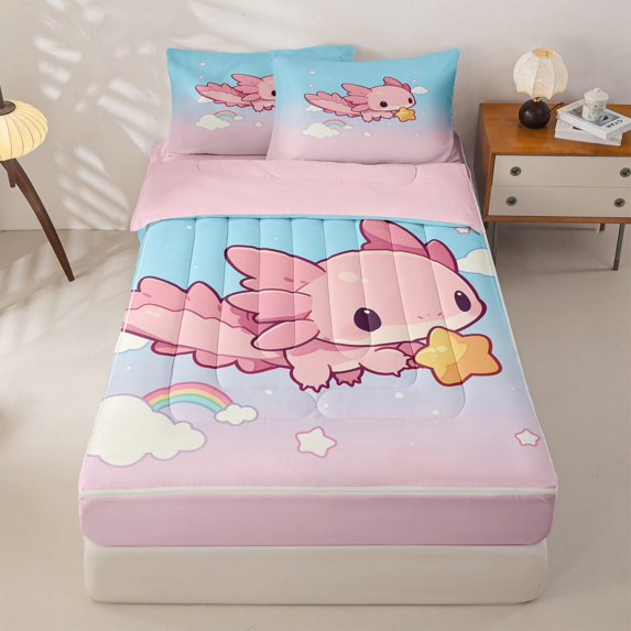 Homewish Cartoon Cute Axolotl Zipper Full Size Comforter Sets with Fitted Sheet and 2 Pillowcases,Kawaii Stars Print Zipper Bedding Set For Teens,Reversible,4 Pieces