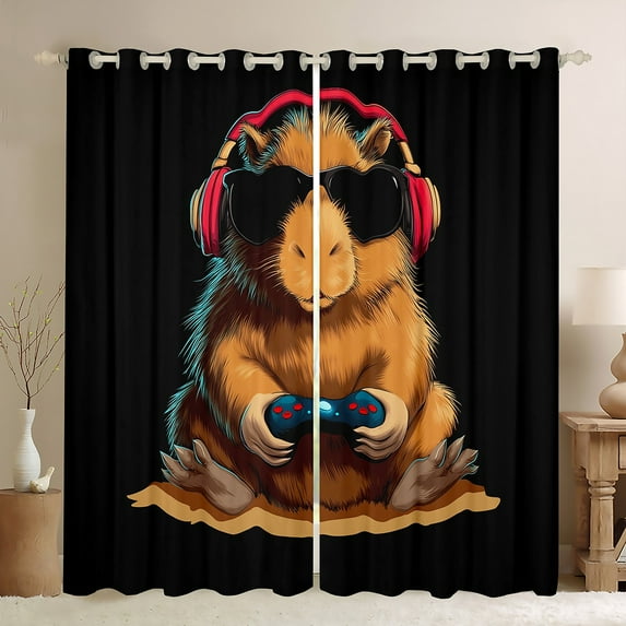 Homewish Cartoon Cute Capibara Black Out Curtains for Kids, Gamepad Video Game Lover Curtains Pack of 2 (42x63 Each), Kawaii Animal Bedroom Curtains, Curtains and Drapes Decor