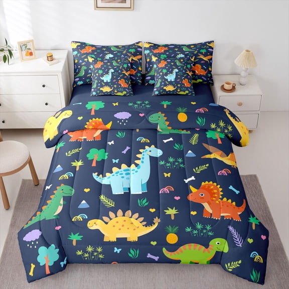 Homewish Cartoon Cute Dinosaur Bedding Comforter Set 7pcs, Kawaii Animal Lover Queen Bedding Sets, Plant Botanical Reversible Queen Sheet Sets, Lightweight Room Decor
