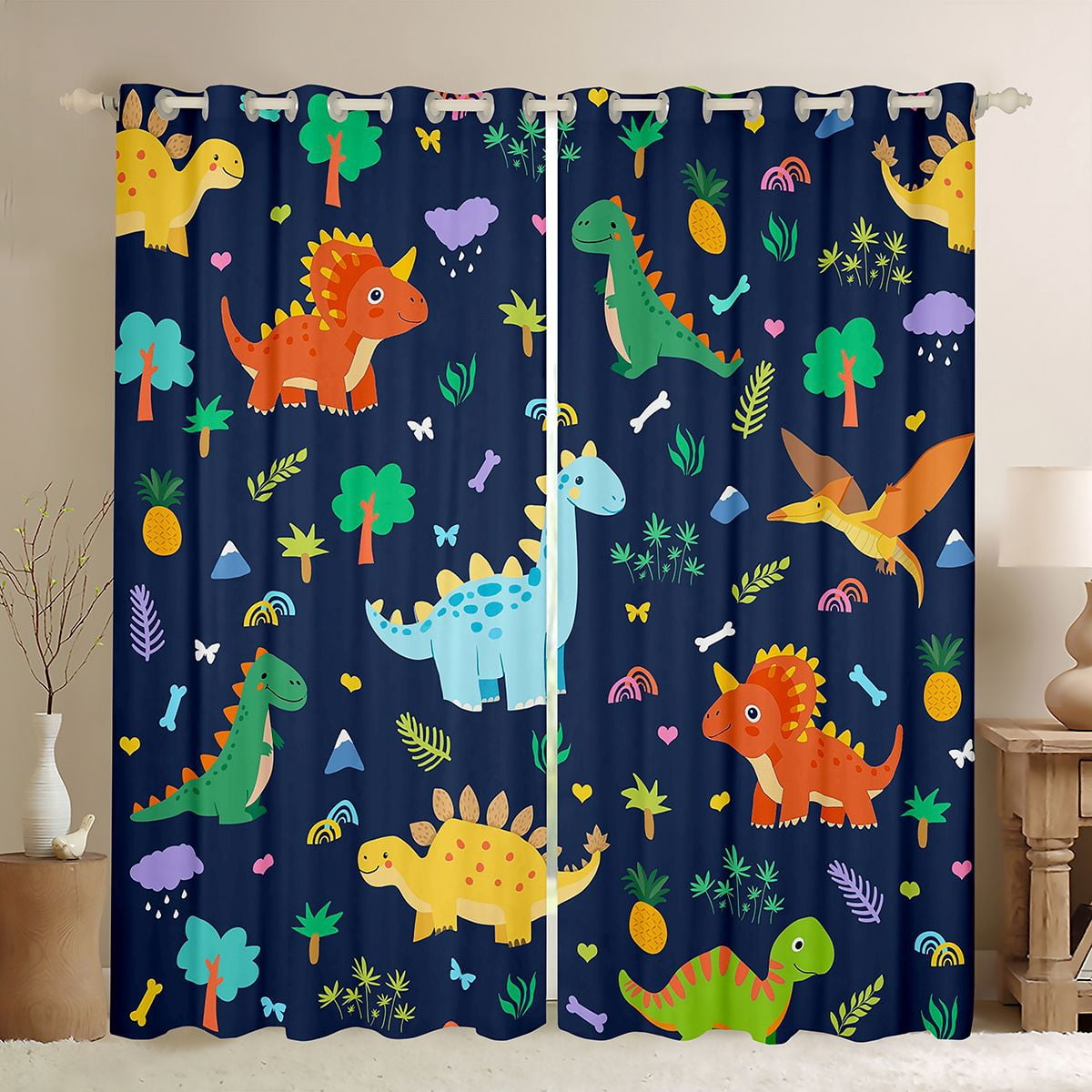 Homewish Cartoon Cute Dinosaur Black Out Curtains, Kawaii Animal Lover Curtains Pack of 2 (42x63 Each), Plant Botanical Bedroom Curtains, Curtains and Drapes Decor