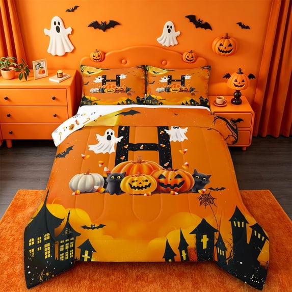 Homewish Cartoon Cute Ghost Full Size Comforter Sets,Halloween Theme Personalized Letter Bedding Comforter Set,Halloween Reversible,3pcs,1 Comforter and 2 Pillowcases