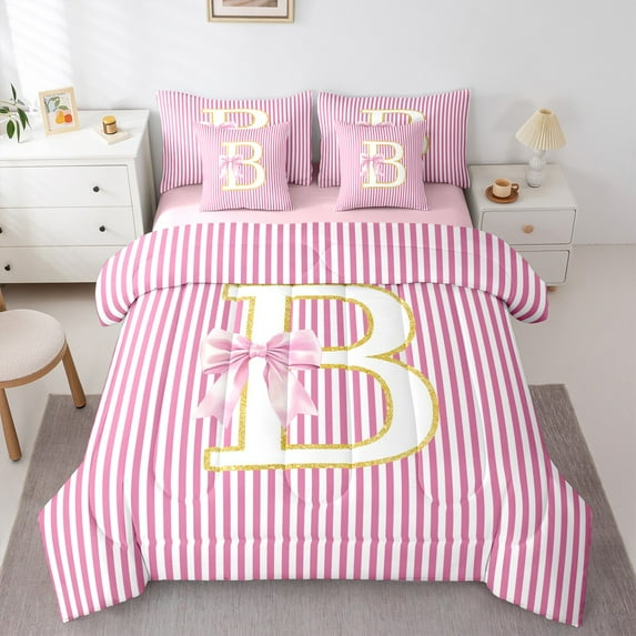 Homewish Cartoon Cute Monogrammed Bedding Comforter Set 7pcs, Pink Bow-tie Letter B Queen Bedding Sets, Teens Kids Girls Reversible Queen Sheet Sets, Breathable Home Decor