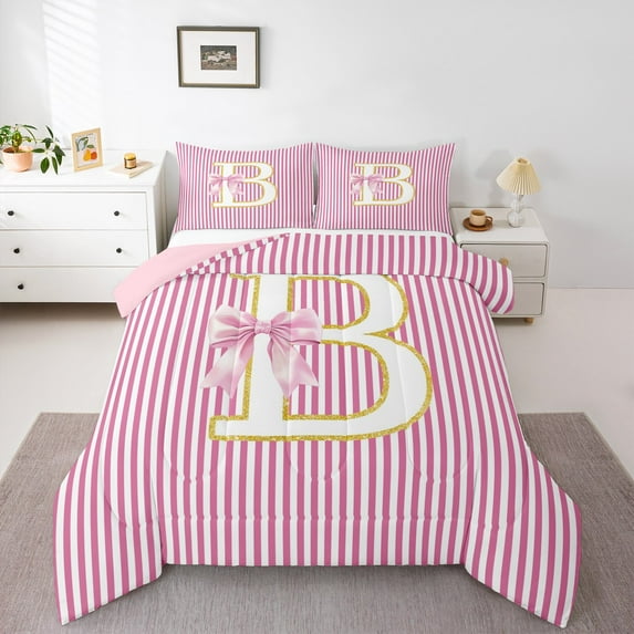 Homewish Cartoon Cute Monogrammed Queen Comforter Set, Pink Bow-tie Letter B Bedding Sets, Teens Kids Girls Reversible Bedding Comforter Set, Breathable Home Decor, 3pcs