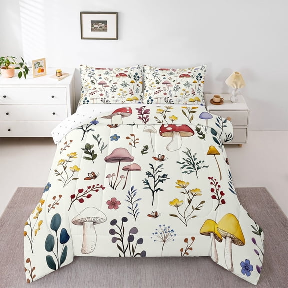 Homewish Cartoon Cute Mushroom Bedding Comforter Set, Jungle Leaf Botanical Twin Comforter Sets, Rustic Farmhouse Reversible Bedding Set, Luxury Bedroom Decor, 2pcs