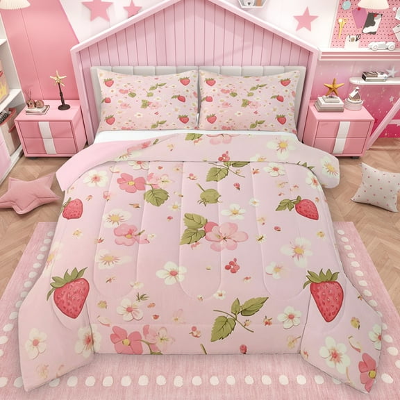 Homewish Cartoon Cute Strawberry Full Size Comforter Sets, Pink Cherry Blossoms Bedding Comforter Set, Teens kids Girls Women Reversible Bedding Sets, Ultra Soft Bedroom Decor, 3 Pieces