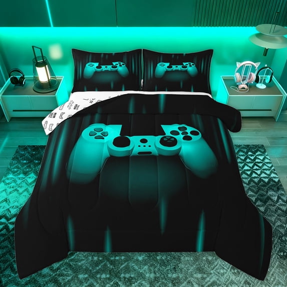 Homewish Cartoon Cyan Gamepad Queen Comforter Set for Teens, Stripes Abstract Bedding Sets, Neon Gradient Video Gamer Reversible Bedding Comforter Set, Luxury Bedroom Decor, 3pcs