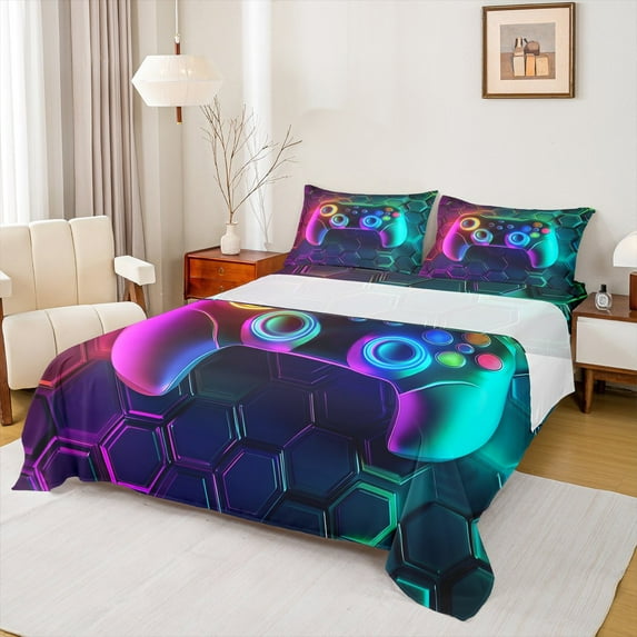 Homewish Cartoon Cyan Gamepad Queen Sheet Sets, Fashion Graffiti Watercolor Flat Sheet, Teens Kids Boys Girls Queen Fitted Sheet, Super Cozy Room Decor, 4-Piece