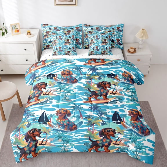 Homewish Cartoon Dachshund 7-Piece Twin Bedding,Surfboard Ocean Wave Bedding Comforter Set,Blue,Palm Tree Decor,Reversible