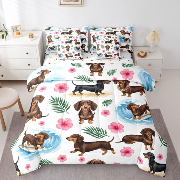 Homewish Cartoon Dachshund 7 Pieces Full Size Bedding Sets,Ocean Wave Full Size Bed in a Bag,White,Hibiscus Flowers Decor,Polkadot Reversible