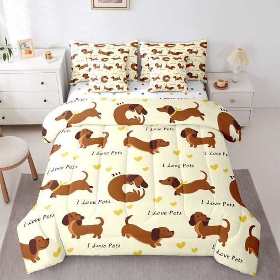 Homewish Cartoon Dachshund Animal 7-Piece Twin Bedding,I Love Pets Print Bedding Comforter Set,Yellow,Polkadot Reversible