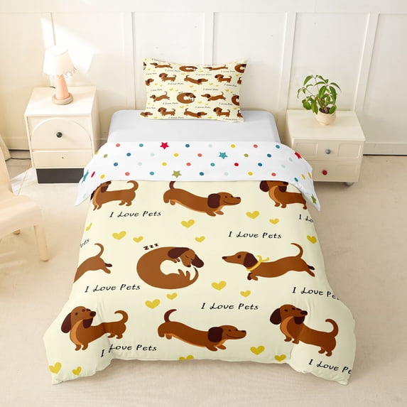 Homewish Cartoon Dachshund Animal Twin Duvet Cover,I Love Pets Print Twin Bedding,Yellow,Polkadot Reversible,2-Piece,1 Duvet Cover and 1 Pillowcase