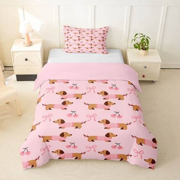 Homewish Cartoon Dachshund Animal Twin Duvet Cover,Kawaii Cherry Bowknot Twin Bedding,Pink,Pink Reversible,2 Pieces,1 Duvet Cover and 1 Pillowcase