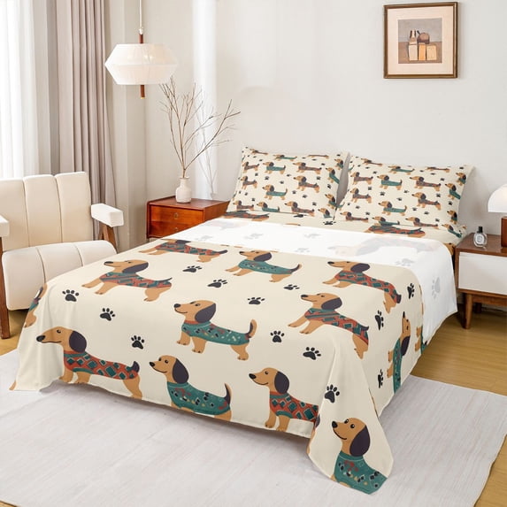 Homewish Cartoon Dachshund Bed Sheets,Cute Dog Paw Prints Full Size Sheets,Brown,4-Piece,1 Flat Sheet, 1 Fitted Sheet and 2 Pillowcases