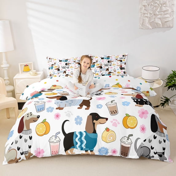 Homewish Cartoon Dachshund Bedding,Cherry Blossom Duvet Cover Full,White,Polkadot Reversible,3 Pieces,1 Duvet Cover and 2 Pillowcases