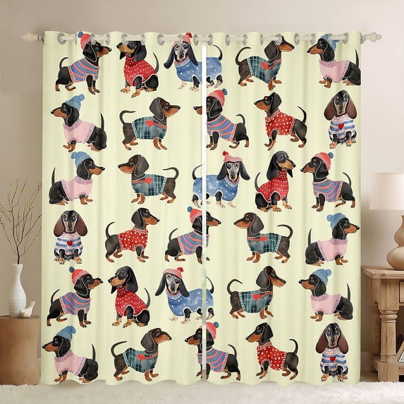 Homewish Cartoon Dachshund Dog Kitchen Curtains,Yellow Black Out Curtains Pack of 2 (42x63 Each)