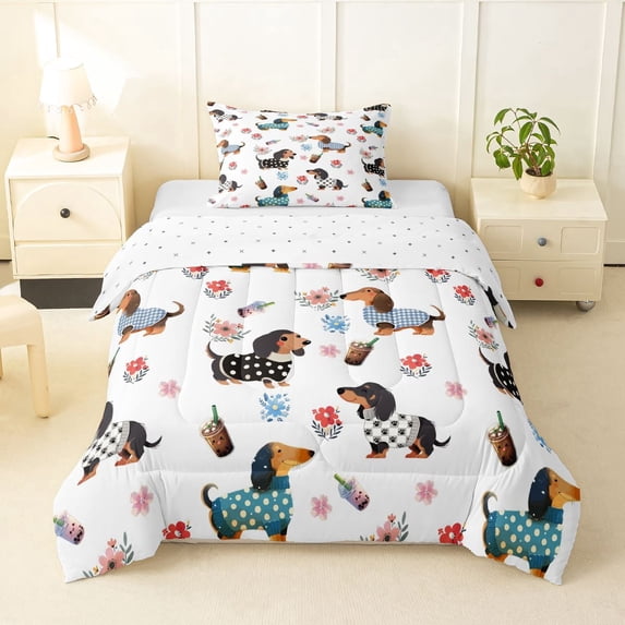 Homewish Cartoon Dachshund Dog Twin Comforter Sets,Cute Flowers Bedding Set,White,Reversible,2 Pieces,1 Comforter and 1 Pillowcase