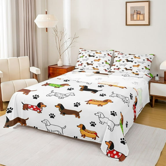 Homewish Cartoon Dachshund Lover Full Size Sheets, Kawaii Dog Dalmatian Bed Sheets, Cute Animal Theme Sheet Sets, Breathable Home Decor, 4pcs