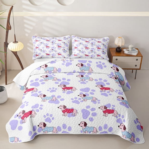 Homewish Cartoon Dachshund Pet Twin Quilt Set,Cute Dog Paws Twin Coverlet Set,Purple,2 Pieces