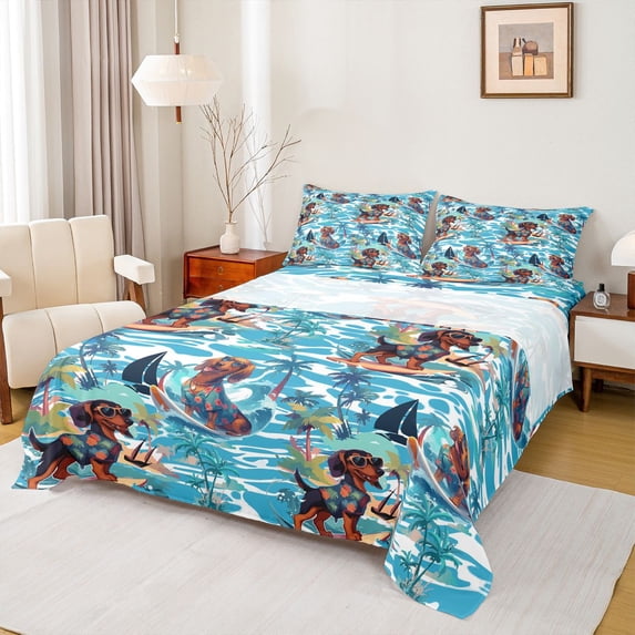 Homewish Cartoon Dachshund Queen Sheets,Surfboard Ocean Wave Queen Sheet Sets,Blue,Palm Tree Decor,4pcs,1 Flat Sheet, 1 Fitted Sheet and 2 Pillowcases