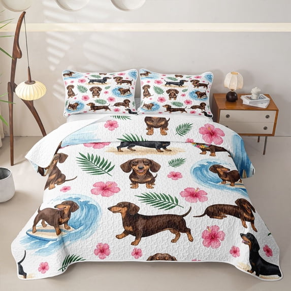 Homewish Cartoon Dachshund Quilt Full,Ocean Wave Full Bedspread Sets,White,Hibiscus Flowers Decor,3 Pieces