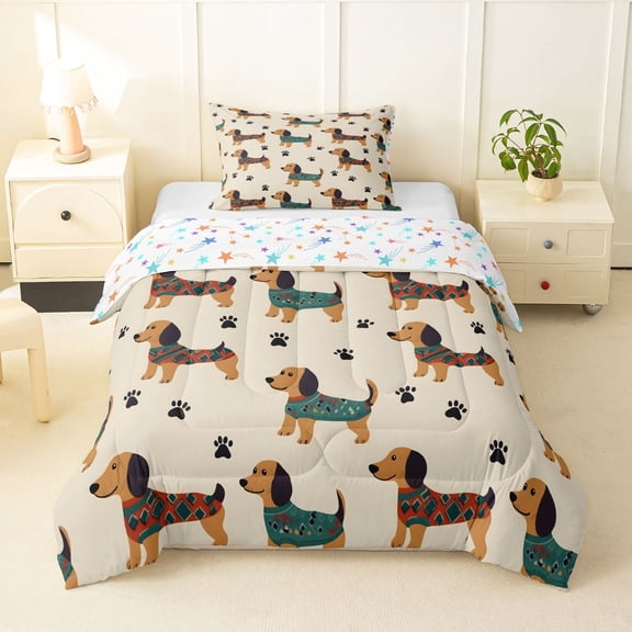 Homewish Cartoon Dachshund Twin Comforter Sets,Cute Dog Paw Prints Bedding Set,Brown,Colorful Stars Reversible,2pcs,1 Comforter and 1 Pillowcase