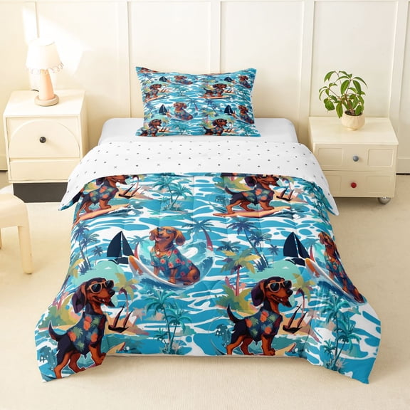 Homewish Cartoon Dachshund Twin Comforter Sets,Surfboard Ocean Wave Bedding Set,Blue,Palm Tree Decor,Reversible,2-Piece,1 Comforter and 1 Pillowcase