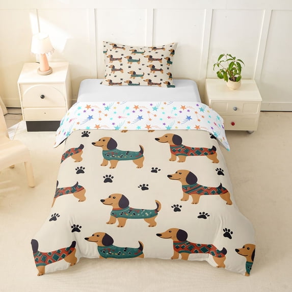 Homewish Cartoon Dachshund Twin Duvet Cover,Cute Dog Paw Prints Twin Bedding,Brown,Colorful Stars Reversible,2pcs,1 Duvet Cover and 1 Pillowcase