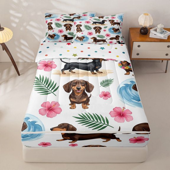 Homewish Cartoon Dachshund Zipper Twin Comforter Sets with Fitted Sheet and 2 Pillowcases,Ocean Wave Zipper Bedding Set,White,Hibiscus Flowers Decor,Polkadot Reversible,4pcs