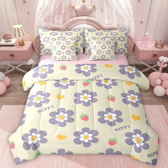 Homewish Cartoon Daisy Blossom 7-Piece Twin Bedding Sets,Cute Flower Strawberry Bedding Comforter Set,Purple Beige Sheet Sets For Girls Kids,Microfiber Bedroom Decor Reversible