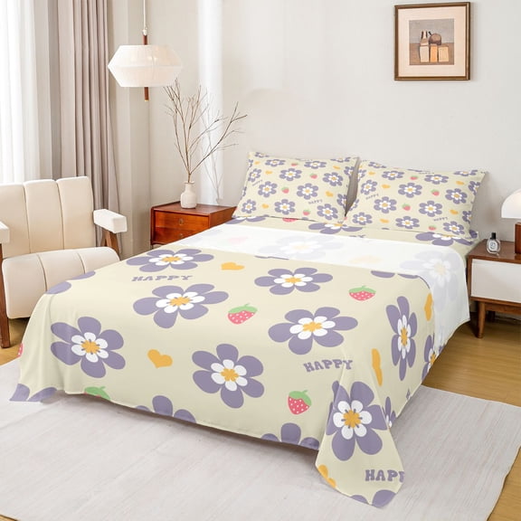 Homewish Cartoon Daisy Blossom Twin Sheet Sets,Cute Flower Strawberry Twin Fitted Sheet,Purple Beige Flat Sheet For Girls Kids,Microfiber Bedroom Decor,3pcs