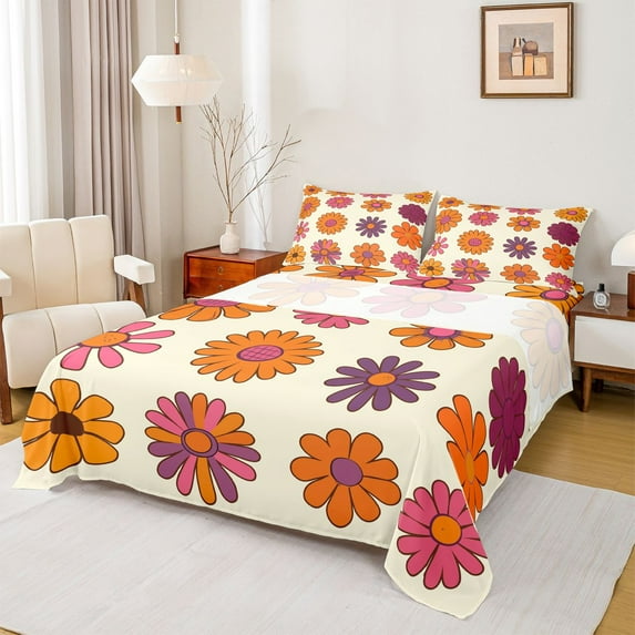 Homewish Cartoon Daisy Full Size Sheets,Retro Flower Bed Sheets,Beige Orange Sheet Sets For Girls Kids,Breathable Home Decor,4pcs
