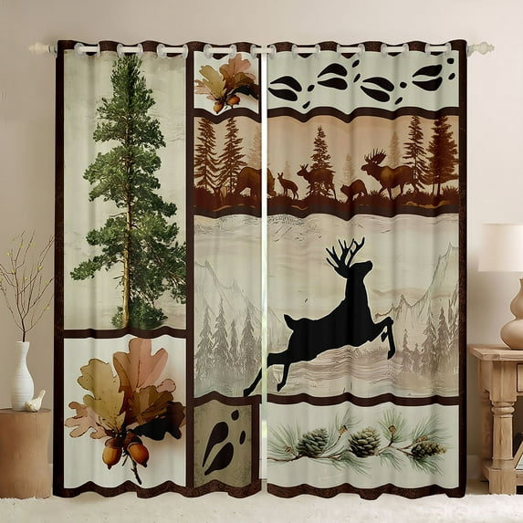 Homewish Cartoon Deer Moose Blackout Curtains Set of 2 (52x84 Each), Tree Plant Botanical Window Curtains, Vintage Western Animal Curtains and Drapes, Living Room Curtains Decor