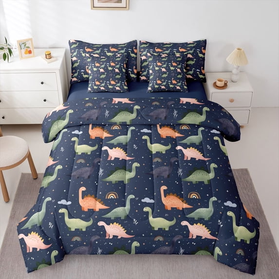 Homewish Cartoon Dino 7pcs Queen Bedding,Cute Animals Bedding Comforter Set Queen,Navy,Navy Blue Reversible