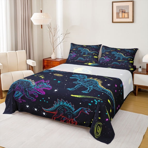 Homewish Cartoon Dino Bed Sheets For Boys,Wildlife Full Size Sheets,Black,Starry Sky Decor,4pcs,1 Flat Sheet, 1 Fitted Sheet and 2 Pillowcases