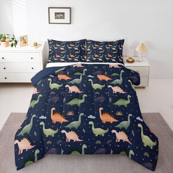 Homewish Cartoon Dino Full Size Comforter Sets,Cute Animals Bedding Comforter Set,Navy,Navy Blue Reversible,3 Pieces,1 Comforter and 2 Pillowcases