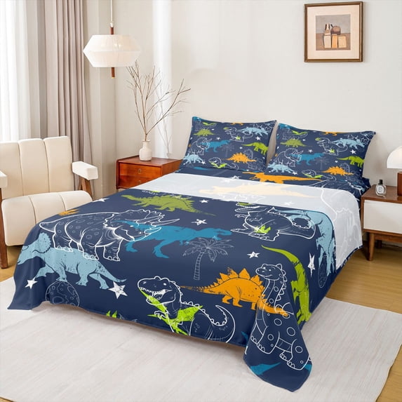 Homewish Cartoon Dino Queen Sheets For Kids Boys,T-Rex Triceratops Queen Sheet Sets,4 Pieces,1 Flat Sheet, 1 Fitted Sheet and 2 Pillowcases