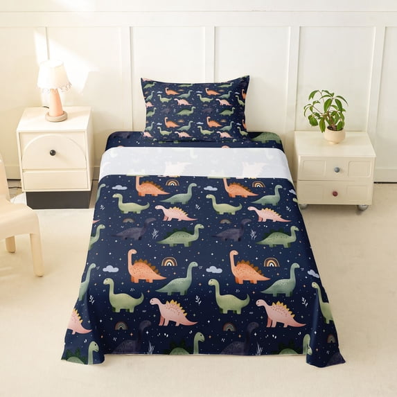 Homewish Cartoon Dino Twin Sheets,Cute Animals Bedding,Navy,3-Piece,1 Fitted Sheet and 1 Pillowcase
