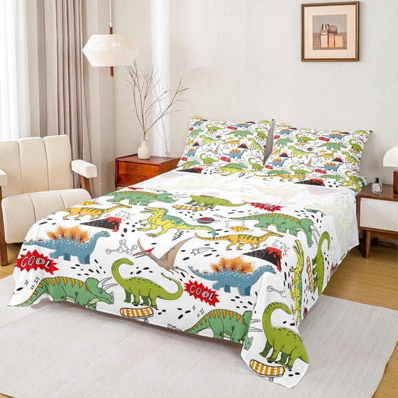 Homewish Cartoon Dinosaur 3pcs Twin Sheet Sets for Kids Children Teens,Kawaii Animal Dino Twin Fitted Sheet,Cute Jungle Animal Breathable Flat Sheet,Luxury Bedroom Decor