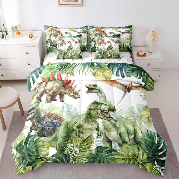 Homewish Cartoon Dinosaur 7-Piece King Bedding,Green Plants King Bed in a Bag,Jungle Wildlife Decor,Polkadot Reversible