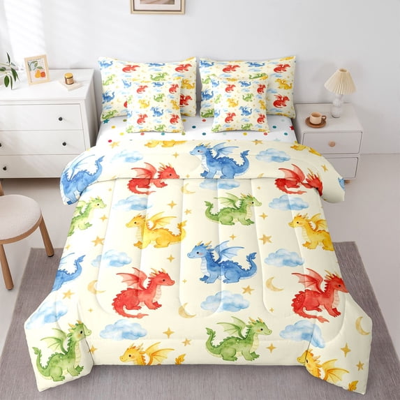 Homewish Cartoon Dinosaur 7-Piece Twin Bedding,Cute Animal Bedding Comforter Set,Cream,Polkadot Reversible