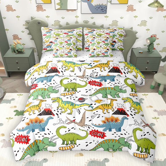 Homewish Cartoon Dinosaur 7 Pieces Bedding Comforter Set for Kids Children Teens,Kawaii Animal Dino Full Bedding Set Lightweight,Cute Jungle Animal Fitted Sheet Flat Sheet,Luxury Bedroom Decor