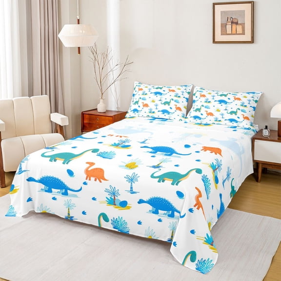 Homewish Cartoon Dinosaur Child Full Size Sheets, Cute Animal Wildlife Bed Sheets, Tree Plant Botanical Sheet Sets, Microfiber Bedroom Decor, 4pcs