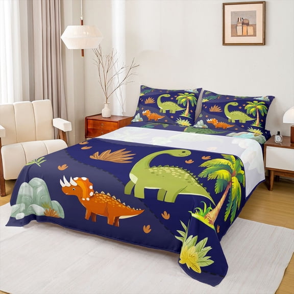 Homewish Cartoon Dinosaur Child Full Size Sheets, Cute Animal Wildlife Bed Sheets, Tree Plant Botanical Sheet Sets, Super Cozy Room Decor, 4-Piece