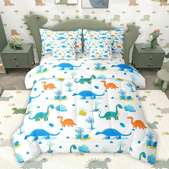 Homewish Cartoon Dinosaur Child Twin Bedding Sets 7-Piece, Cute Animal Wildlife Bedding Comforter Set, Tree Plant Botanical Reversible Sheet Sets, Microfiber Bedroom Decor