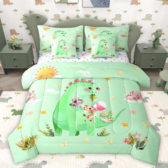 Homewish Cartoon Dinosaur Giraffe Bedding Comforter Set 7 Pieces for Preppy Children Kids,Jungle Animal Full Bedding Set Lightweight,Kawaii Wildlife Dino Fitted Sheet Flat Sheet