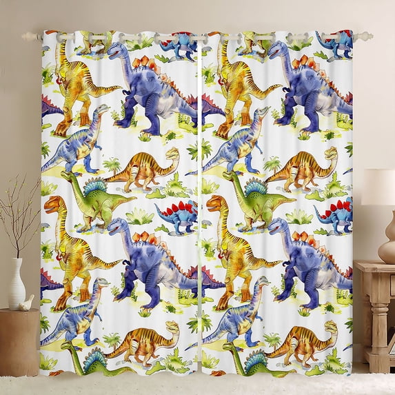 Homewish Cartoon Dinosaur Print Black Out Curtains, Tropical Coconut Tree Curtains Pack of 2 (42x63 Each), Teens Kids Boys Girls Bedroom Curtains, Window Curtains Decor