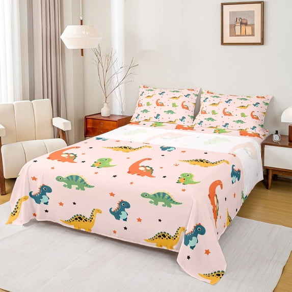 Homewish Cartoon Dinosaur Queen Sheets,Stars Polk Pots Queen Sheet Sets,Pink,4 Pieces,1 Flat Sheet, 1 Fitted Sheet and 2 Pillowcases