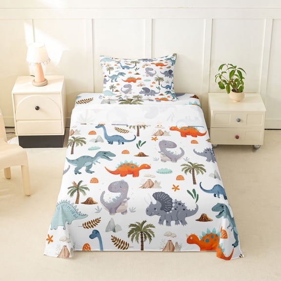 Homewish Cartoon Dinosaur Twin Sheets,Cute Palm Trees Bedding,Gray,3 Pieces,1 Fitted Sheet and 1 Pillowcase
