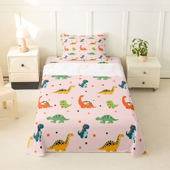 Homewish Cartoon Dinosaur Twin Sheets,Stars Polk Pots Bedding,Pink,3pcs,1 Fitted Sheet and 1 Pillowcase